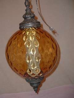 Vintage Amber Optic Glass Swag Lamp Hanging Light Retro  