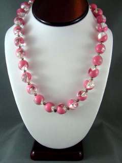 FUN FUNKY! RARE Vtg RETRO Opaque Pink & Clear Lucite Bead Necklace 