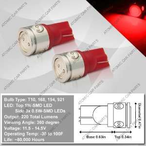   LED Bulbs (1W Top + 3x0.5W Side)   168/194/921/T10 Type, Red (Pair