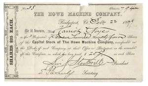 Howe Machine Company Stock Signed By Levis S. Stockwell  