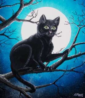   HALLOWEEN Black Cat in Tree Full Moon Night Flight Byrum PRINT HA31