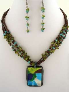   Multi Color Glass Pendant Statement Necklace & Earrings Set  
