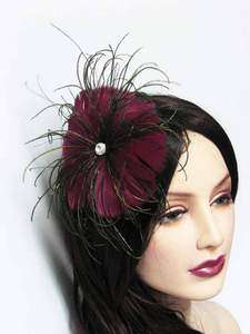   Flower Fascinator w Crystal Stamen Hair Clip wine Red, Bridesmaid