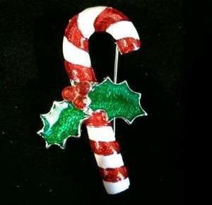 Christmas Red and White Candy Cane with Holly Silver Pewter Lapel Pin 