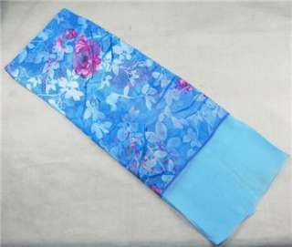 DeepSkyBlue Oblong Chiffon Silk Scarf Flowers Painting  
