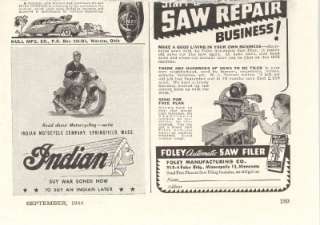 VINTAGE SEPTEMBER 1944 MAGAZINE INDIAN MOTORCYCLE AD,