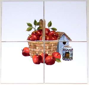 Apple Ceramic Tile Mural Basket Birdhouse 4pc 4.25 Kiln Fired  