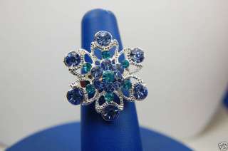 Blue Austrian Crystal Silver Tone Snow Flake Ring  