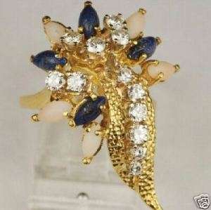 18K Gold Lapis, Angel Skin Coral & Diamond Ring 10.65gr  