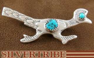 Navajo Indian Sterling Silver Turquoise Roadrunner Pin  