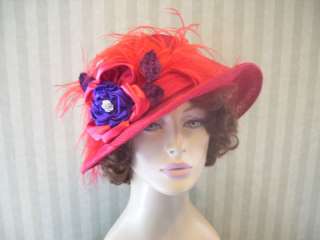 Ladies~RED~Sinamay~Purple~Fashion~Feather~Church~Hat  