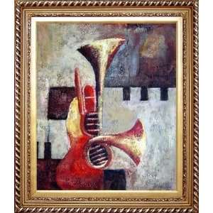 Horn and Guitar Oil Painting, with Exquisite Dark Gold Wood Frame 30.5 