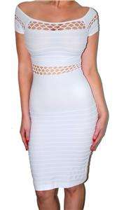 Sexy WHITE SEAMLESS CROCHET OFF SHOULDER BANDAGE DRESS Costume Party 