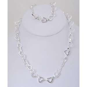  Sterling Silver Linked Hearts Necklace and Bracelet Set Jewelry