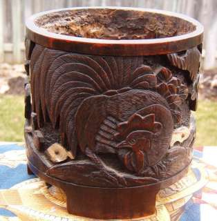   CHINESE QING DYNASTY CARVED BAMBOO CHICKEN SCHOLARS BRUSH POT BITONG