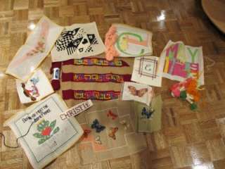   Partially Completed Needlepoint Crewel Pictures Butterflies Frogs More
