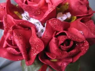 Wedding Toss/Throw Away Bouquet, Nosegay, Red Roses w/glitter NEW 