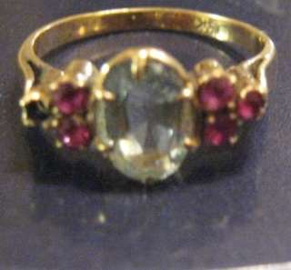 ANTIQUE 14 CT GOLD RING AQUAMARINE AND RUBIES   2.5 G ONE RUBY MISSING 