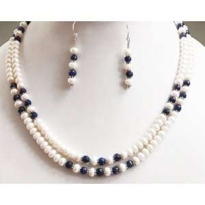 Beautiful 2 Rows Natural Fresh Water Pearl & Sapphire Beaded Necklace 