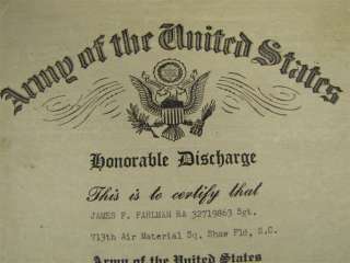 Vintage U.S. Army Honorable Discharge Certificate 1947  