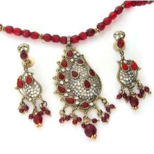  Rich Red Victorian Styled Necklace with Earrings 