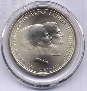   Uncirculated 1967 Denmark 10 Kroner Coin Silver BU, Princess Wedding