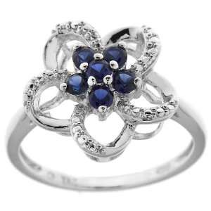 Sterling Silver Created Blue Sapphire and Cubic Zirconia Flower Ring 