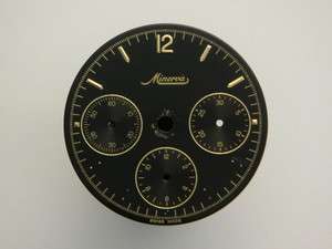 Original Vintage MINERVA Chronograph Watch Black & Gold Dial Mens 