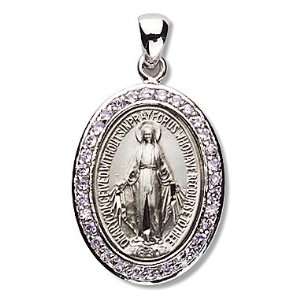 Sterling Silver Oval Miraculous Medal Mother of God St. Mary Cubic 