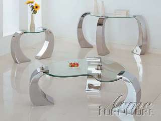 Polished Metal/Glass 3 pc Coffee Table Set  