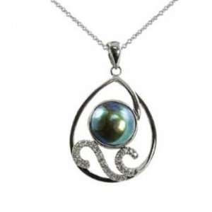   silver 10mm Pacific Blue and diamond (.172ctw) mobe pearl pendant, 18