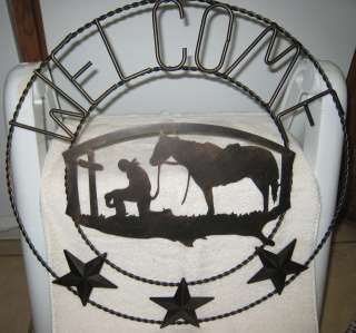   CHURCH PRAYING COWBOY WITH HIS HORSE WELCOME SIGN OF METAL  