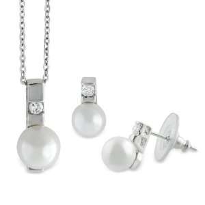  Tressa Sterling Silver CZ and Pearl Necklace and Earring 