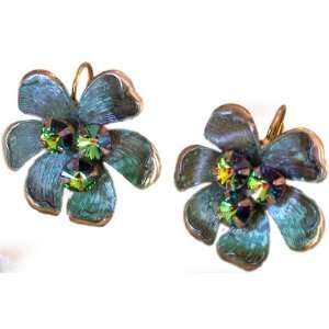  Olive Patina Solid Brass Mayapple Flower Earrings   Dark 