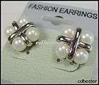 Elegant Beige 5mm Pearl Like Silver Tone Stud Earrings