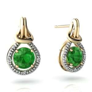  14K Yellow Gold Round Genuine Emerald Love Knot Earrings Jewelry