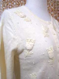  Ivory White Embellished Cashmere Blend Cardigan Sweater sz  