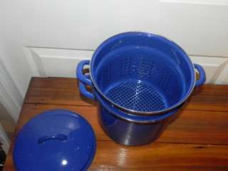 Vintage 8qt Enamelware BLUE & White SPECKLE Stock Pot Double Boiler 