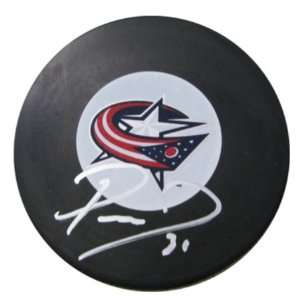 Pascal Leclaire Signed Hockey Puck Blue Jackets Logo 