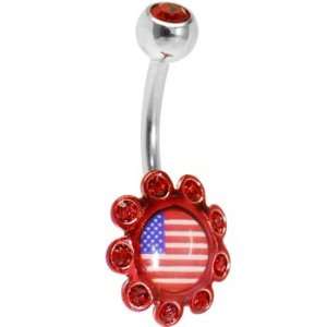  Ruby Red Gem American Flag Logo Flower Belly Ring: Jewelry