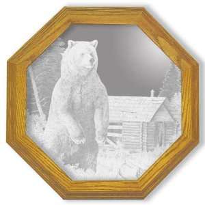   Etched Mirror Grizzly Bear Decor in Solid Oak Frame