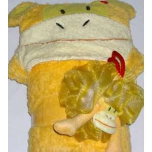  Yellow Monkey Hooded Bath Towel & Nylon Sponge Kid Bath 