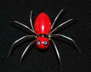 Vintage Red Whimsical Wood Spider Pin W/ Stand Up Legs  
