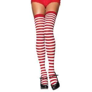  Ladies Opaque Red and White Striped Thigh Highs 