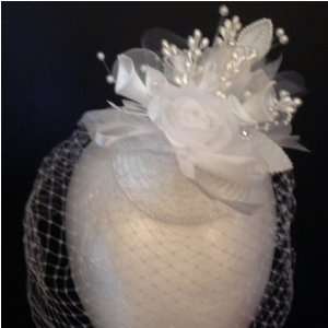 White Rose with Pearl Beads Wedding Fascinator   Floral Decor on Flat 