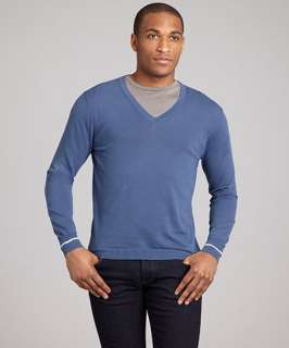 Prada danube blue cotton v neck sweater