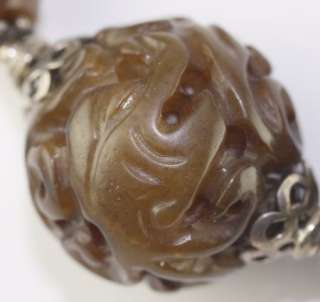   Kahn Russell Carved Soochow Jade Bead Sterling Necklace Foo Dog Turtle