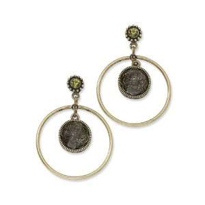    Round Filigree Flower w/ Green Crystal Post Earrings Jewelry