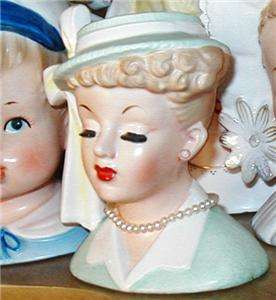 1950s Vintage Napco Head vase green hat pearl necklace  