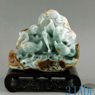 Nature Jadeite Jade Carving / Sculpture: Cranes Fish  